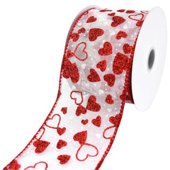 Valentine's Sheer Organza Glittered Hearts Wired Ribbon, 2-1/2-inch, 10-yard