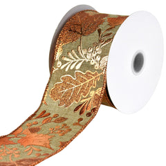 Embossed Autumn Leaves Faux Linen Wired Ribbon, 10-yard