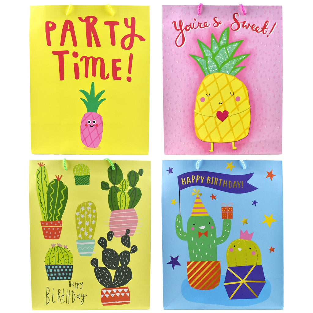 Pineapple and Cactus Birthday Party Gift Bags, 12-3/4-Inch, 4-Piece