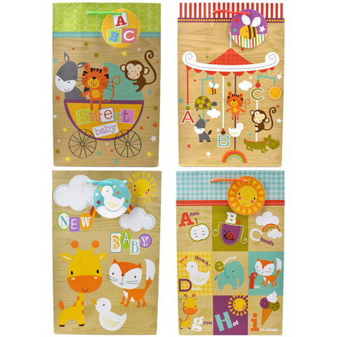 Baby Shower Cartoon Animals Gift Bags, 12-Inch, 4-Piece