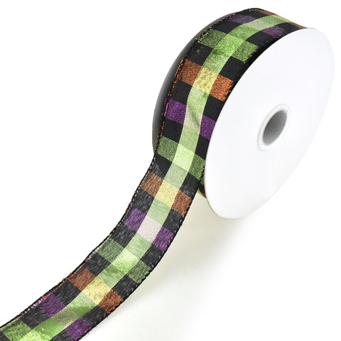 Midnight Metallic Plaid Checkered Wired Ribbon, 1-1/2-Inch, 20-Yard