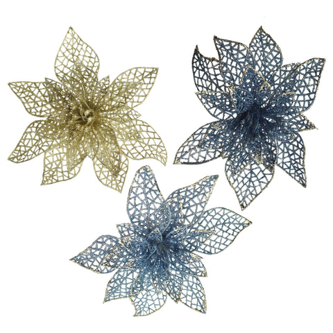 Clip On Glitter Lace Poinsettias Christmas Decoration, Navy Blue, 8-Inch, 3-Piece