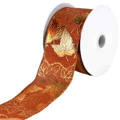 Embossed Metallic Autumn Leaves Wired Ribbon, 2-1/2-inch, 10-yard