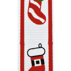 Fun Christmas Stockings Grosgrain Ribbon, 7/8-Inch, 10-Yard - White