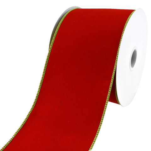 Dual Sided Christmas Velvet Wired Edge Ribbon, 4-Inch, 10-Yard - Red/Lime Green