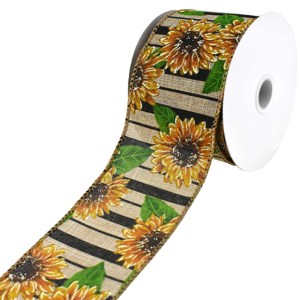 Sunflowers and Stripes Faux Linen Wired Ribbon, 2-1/2-Inch, 10-Yard