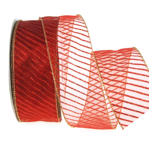 Red Glitter Stripes Organza Ribbon Wired Edge, 2-1/2-inch, 50-yard