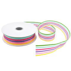 Sheer Organza Woven Pastel Rainbow Stripes Ribbon, 7/8-inch, 10-yard