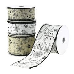 Doodle Flowers Faux Linen Wired Ribbon, 10-yard