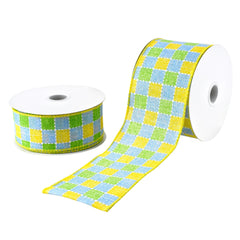 Checkerboard Plaid Faux Linen Wired Ribbon, 10-yard