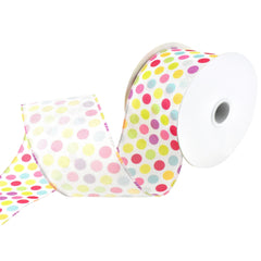 Pastel Polka Dots Faux Linen Wired Ribbon, 2-1/2-Inch, 10-Yard