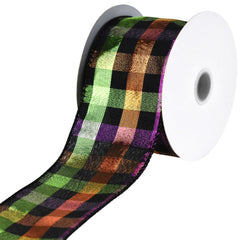 Halloween Metallic Woven Checkered Plaid Wired Ribbon, 10-yard