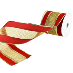 Christmas Velvet with Glittered Net Wired Ribbon, 4-Inch, 10-Yard - Red/Gold