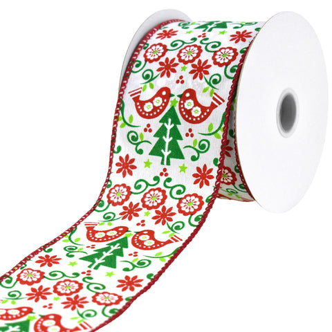 Christmas Tree and Birds Damask Pattern Wired Ribbon, 2-1/2-inch, 10-yard