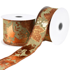 Embossed Autumn Leaves Faux Linen Wired Ribbon, 10-yard