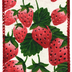 Fresh Spring Strawberries Faux Linen Wired Ribbon, 2-1/2-inch, 10-yard