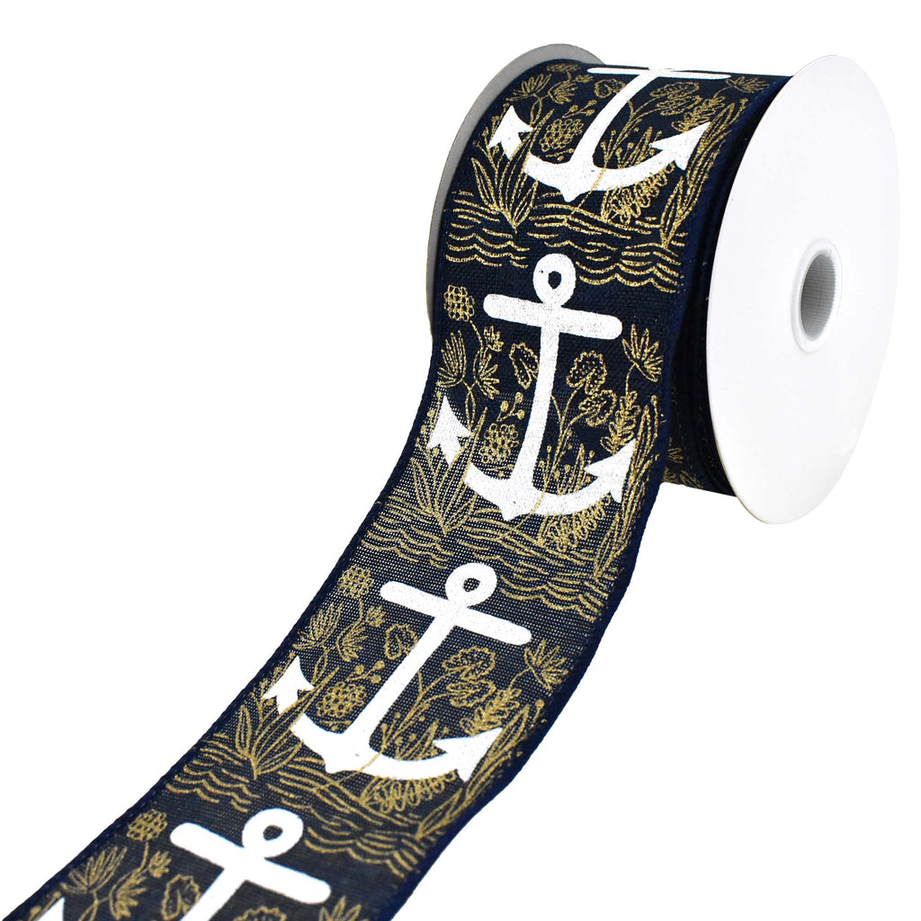Anchor and Seaweed Faux Linen Wired Ribbon, 2-1/2-Inch, 10-Yard