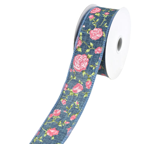 Blooming Rose Faux Denim Wired Ribbon, 10-yard