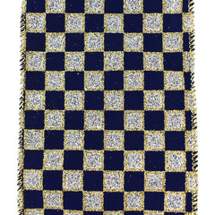 Glittered Checker Board Wired Ribbon, 4-Inch, 10-Yard - Navy Blue/Silver