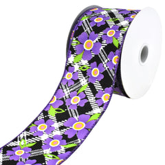 Diagonal Plaid and Flowers Wired Ribbon, 10-yard
