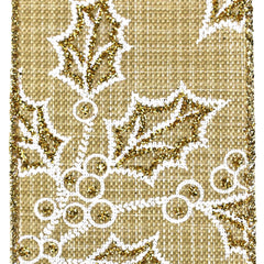 Christmas Holly Glittered Outlines Faux Linen Wired Ribbon, 2-1/2-inch, 10-yard