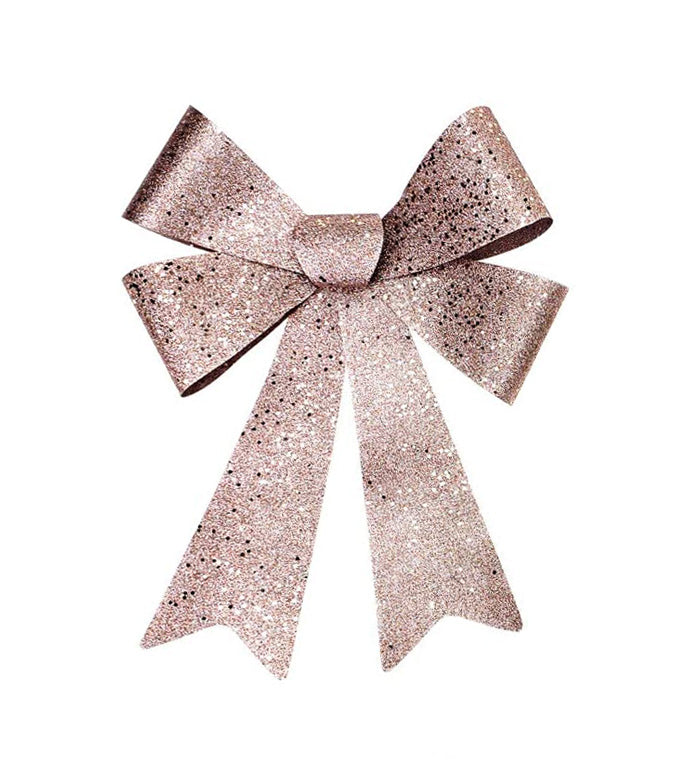 Glitter Snowflake Print Plastic Christmas Bows, Rose Gold, 16-Inch