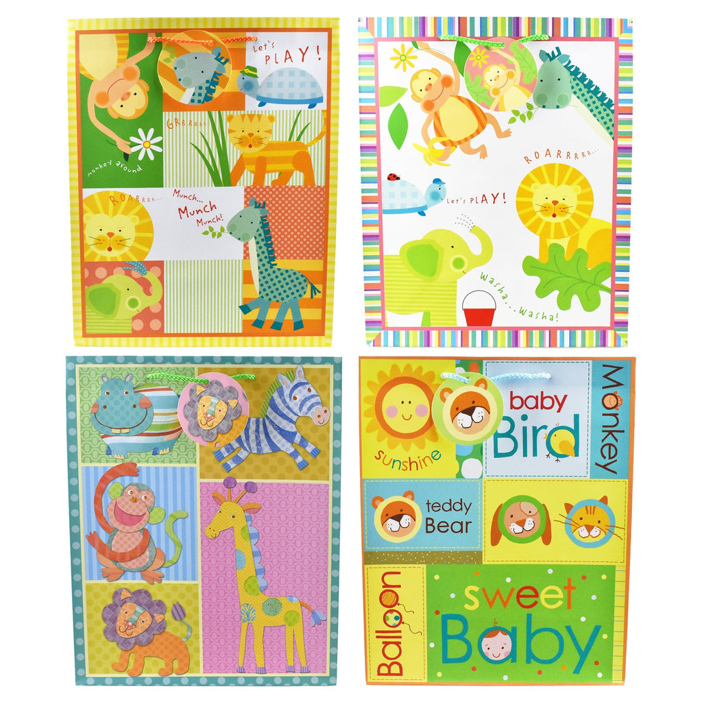 Baby Shower Playing Animals Gift Bags, 12-3/4-Inch, 4-Piece