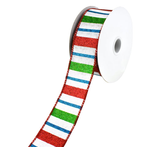 Christmas Glittered Stripes Wired Ribbon, 1-1/2-Inch, 10-Yard - Red/Lime/Turquoise