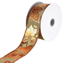 Embossed Autumn Leaves Faux Linen Wired Ribbon, 10-yard