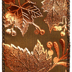 Embossed Metallic Autumn Leaves and Acorns Wired Ribbon, 2-1/2-inch, 10-yard