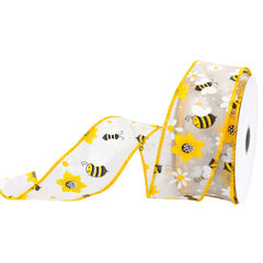 Bumblebees Daisies Sheer Organza Wired Ribbon, 1-1/2-inch, 10-yard