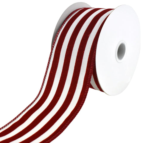 Glitter Flocked Cabana Stripes Wired Ribbon, 2-1/2-Inch, 10-Yard - Red/White