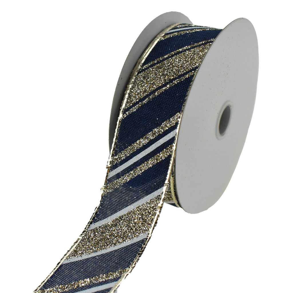 Glitter Diagonal Stripes Wired Ribbon, Navy, 1-1/2-Inch, 10-Yard