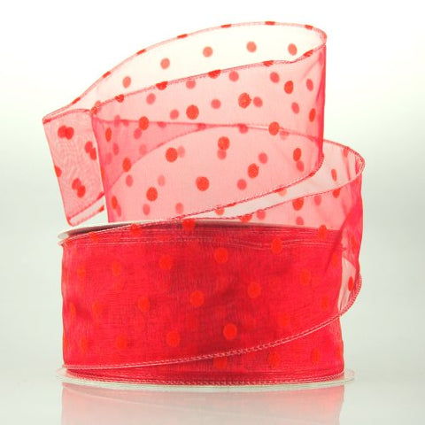 Organza Polka Dots Wired Ribbon, 2-inch, 50-yard, Red/Red