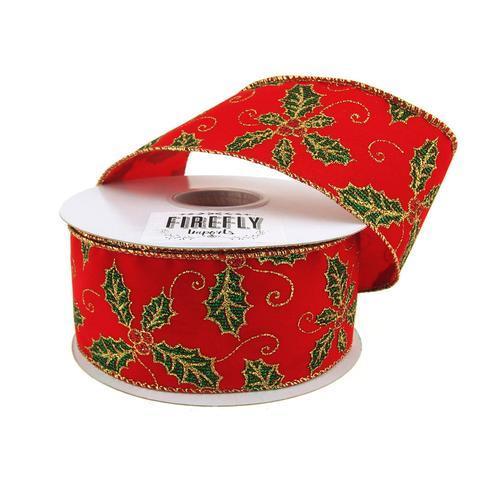 Holly Leaf Holiday Christmas Ribbon Wired Edge, 2-1/2-Inch, 10 Yards, Red