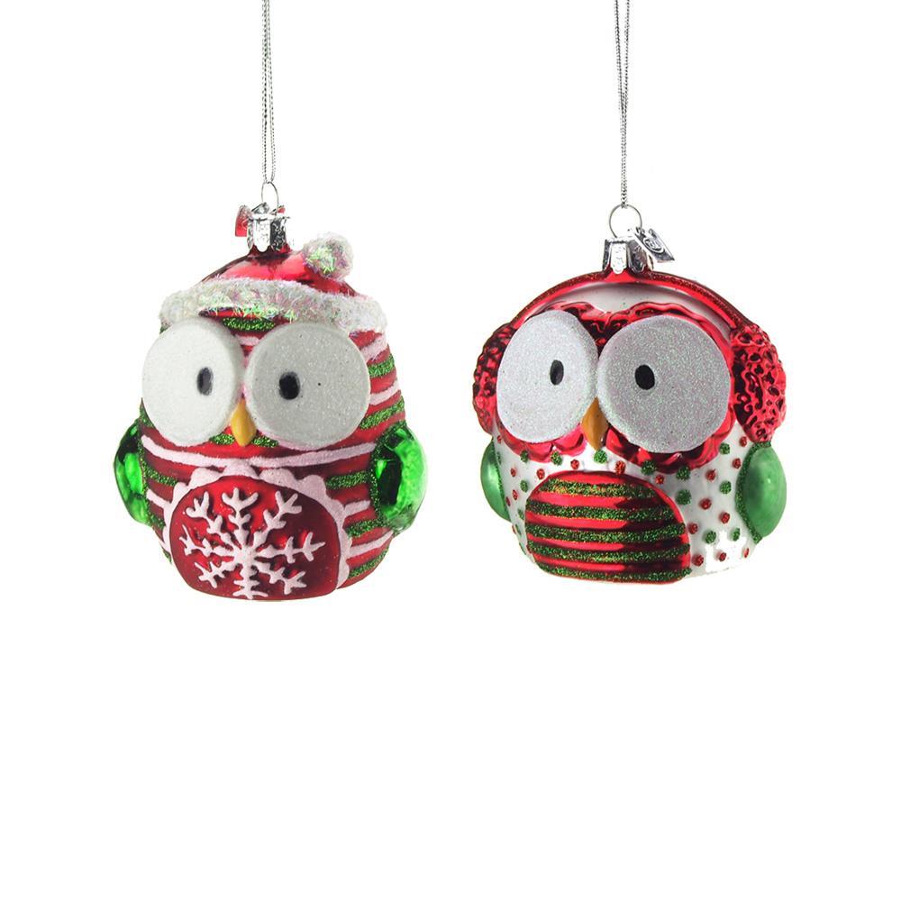 Hanging Glass Owl Christmas Tree Ornament with Glitter, Red/Green/White, 3-1/2-Inch, 2 Piece