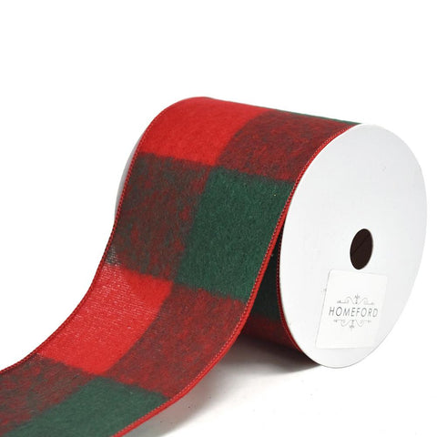 Felt Large Square Checkered Wired Christmas Ribbon, 4-Inch, 10-Yard, Red/Green