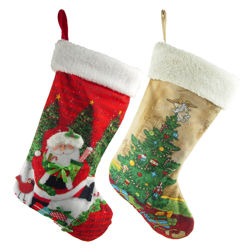 Santa Claus Christmas Stockings with White Cuff, 21-inch, 2-piece, Red/Ivory