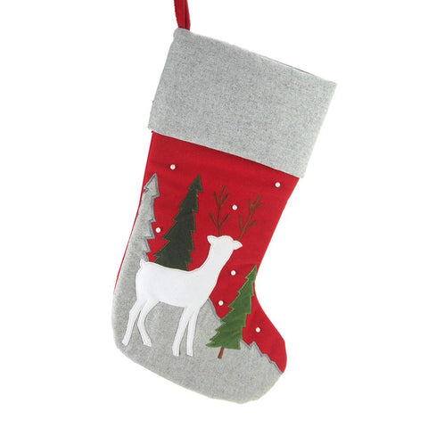 Hanging Felt Reindeer and Tree Embroidered Christmas Stocking with Gray Cuff, Red/Gray, 17-inch