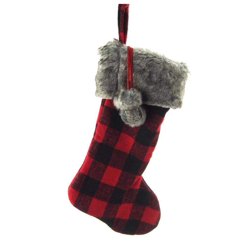 Felt Plaid Christmas Stocking with Fur Cuff, Red/Black, 20-Inch