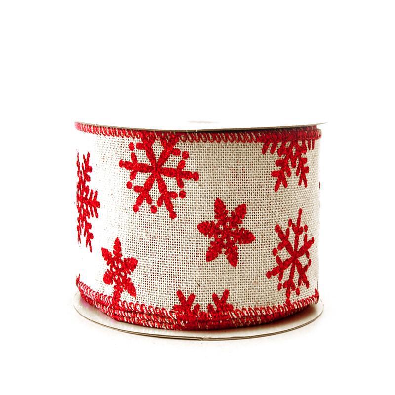 Red Snowflakes Faux Burlap Christmas Ribbon, 2-1/2-inch, 10-yard