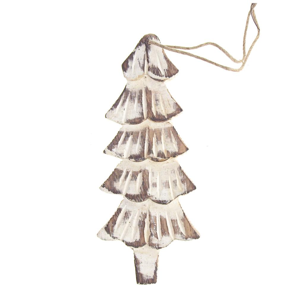 Hanging Wood Distressed Slim Tree Christmas Ornament, White, 5-3/4-Inch