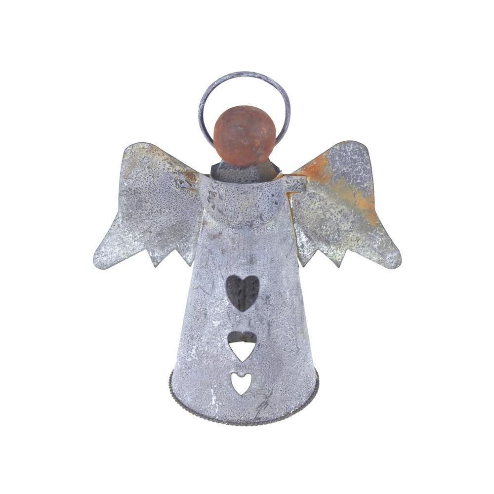 Christmas Gray Tin Angel with Wood Head, 6-inch