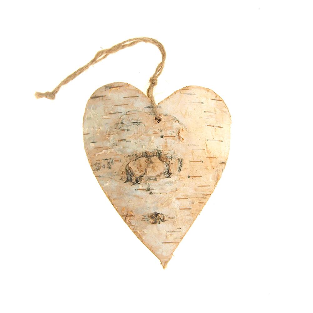 Wooden Heart with Birch Christmas Ornament, Natural, 4-Inch