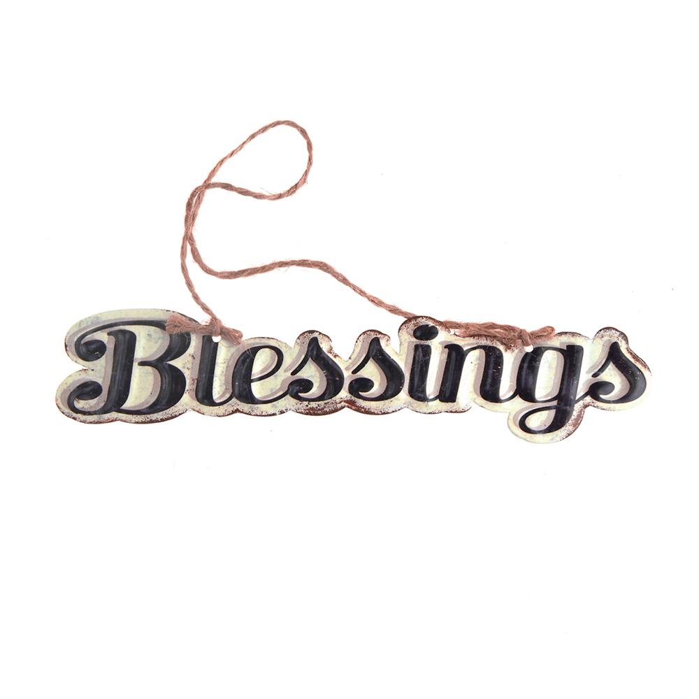 Vintage Style Hanging Metal "Blessings" Sign, Black/Off-White, 8-Inch x 1.6-Inch