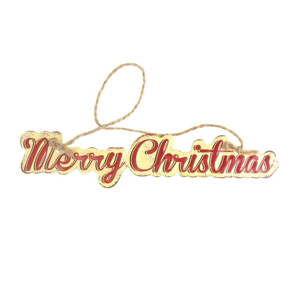 Vintage Style Hanging Metal "Merry Christmas" Christmas Sign, Red/Off-White, 8-Inch
