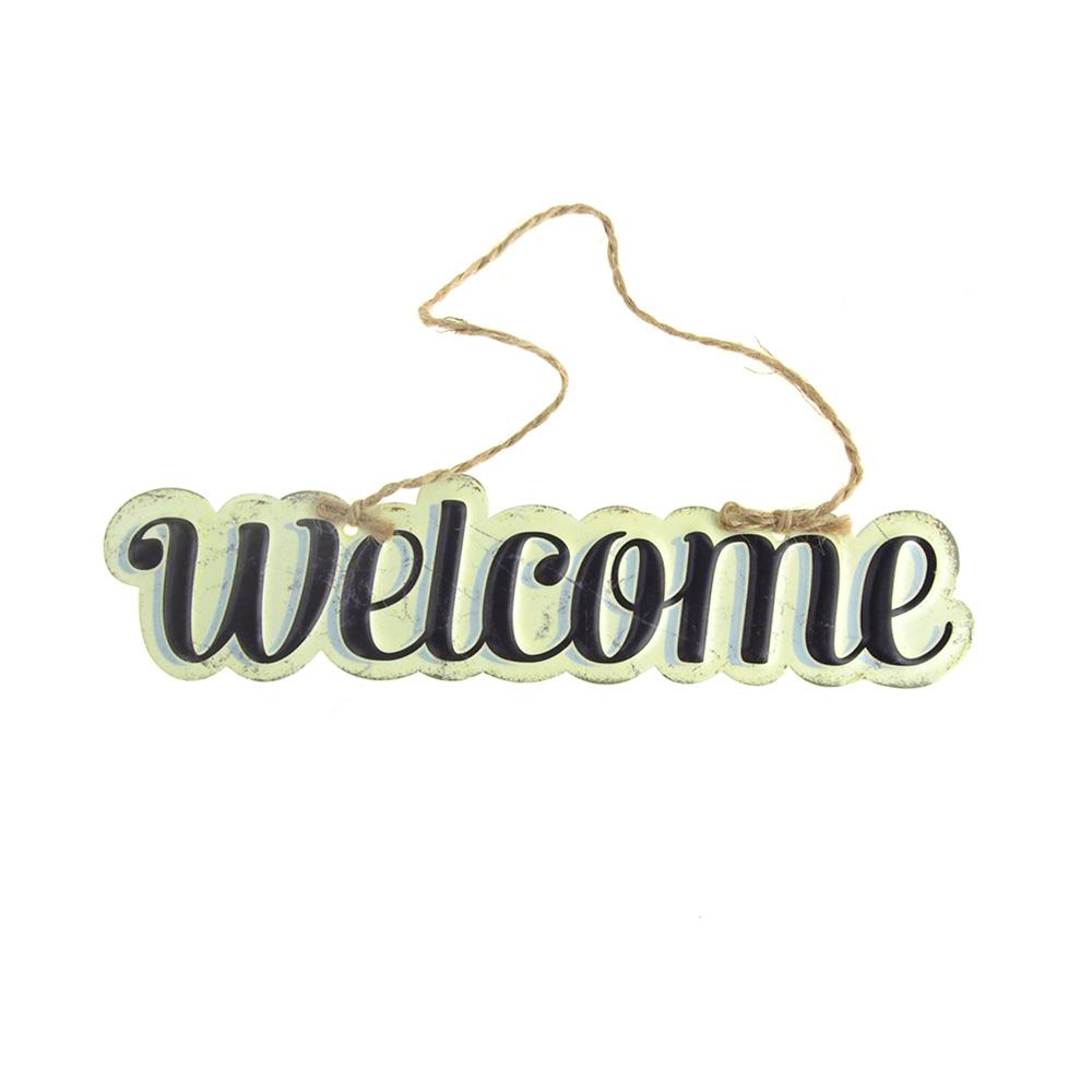 Vintage Style Hanging Metal "Welcome" Sign, Black/Off-White, 8-Inch x 1-3/4-Inch
