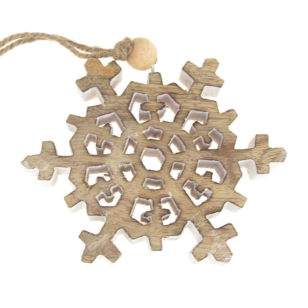 Dendrite Snowflake Wooden Christmas Ornament, Natural/White, 4-1/2-Inch