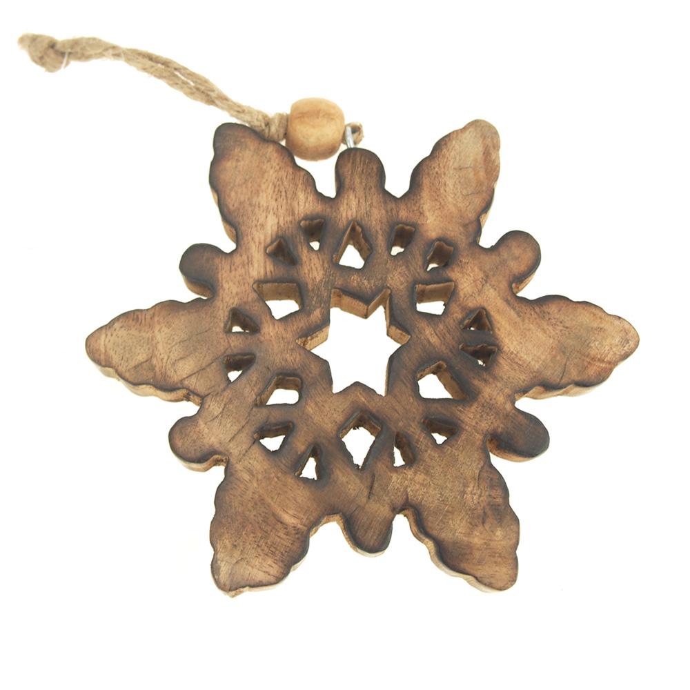 Hanging Wood Celestial Snowflake Christmas Tree Ornament, Natural, 5-Inch