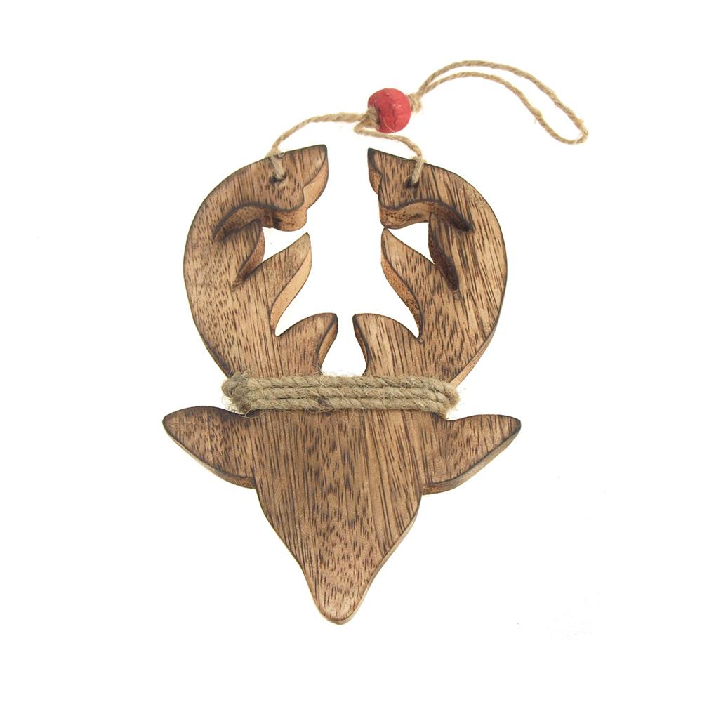 Hanging Wood Reindeer Christmas Tree Ornament, Natural, 6-Inch